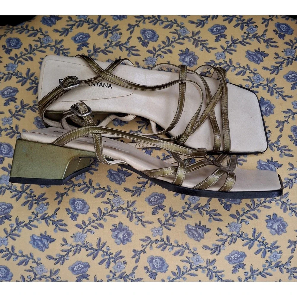 Y2K Vintage Pons Quintana Olive Square Toe Luxury‎ Block Heel Strappy Sandals 37